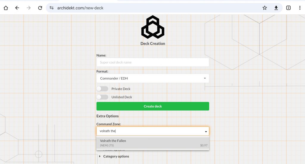 The Archidekt New Deck screen with Volrath the Fallen selected for the Command Zone.