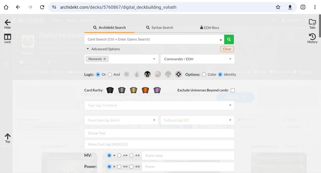 The Archidekt card search Advanced Options tab with "Nemesis" in Editions, and selections for black color identity. 