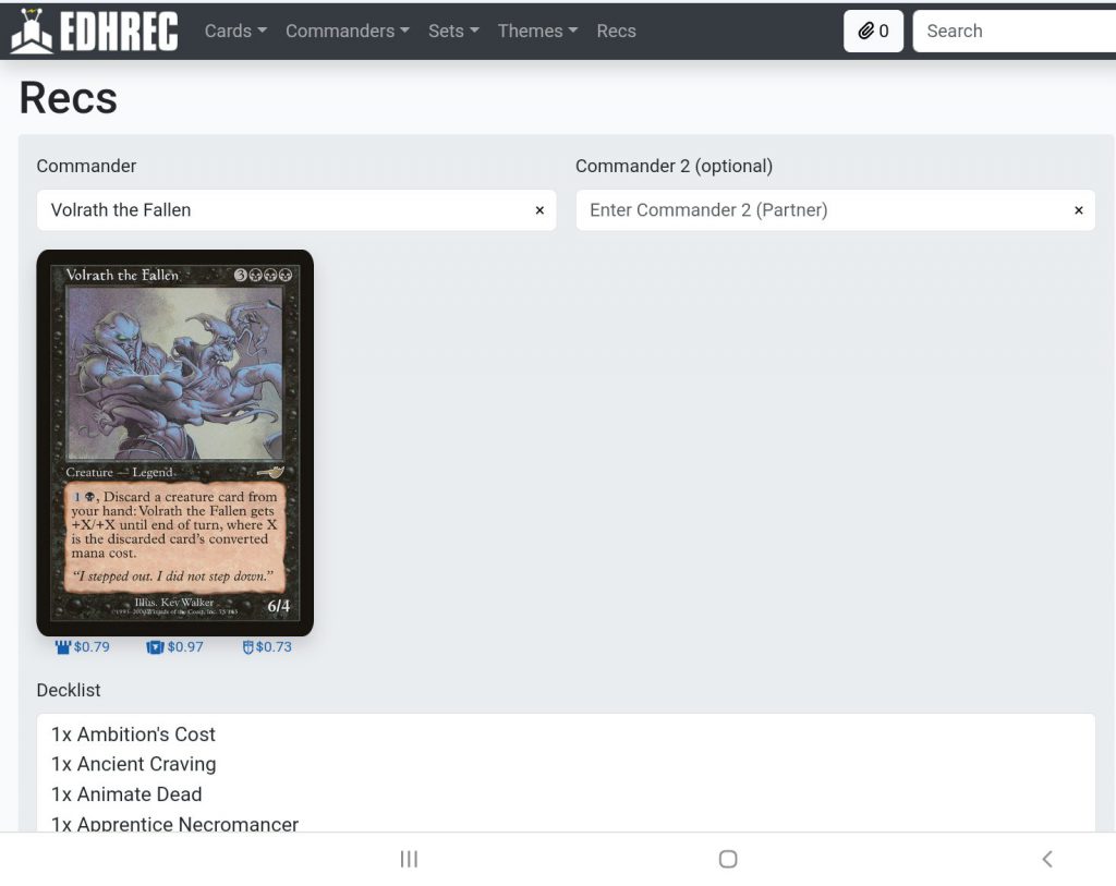 EDHREC Recs page with Volrath the Fallen selected as commander and a deck list in the text box.