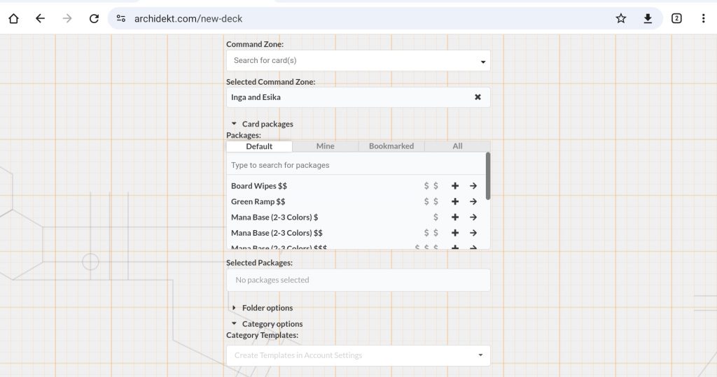 A screenshot of the Archidekt Deck Creation page, with the Card Package field expanded.