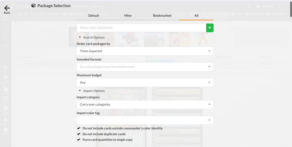 Screenshot of the expanded options for searching card packages.