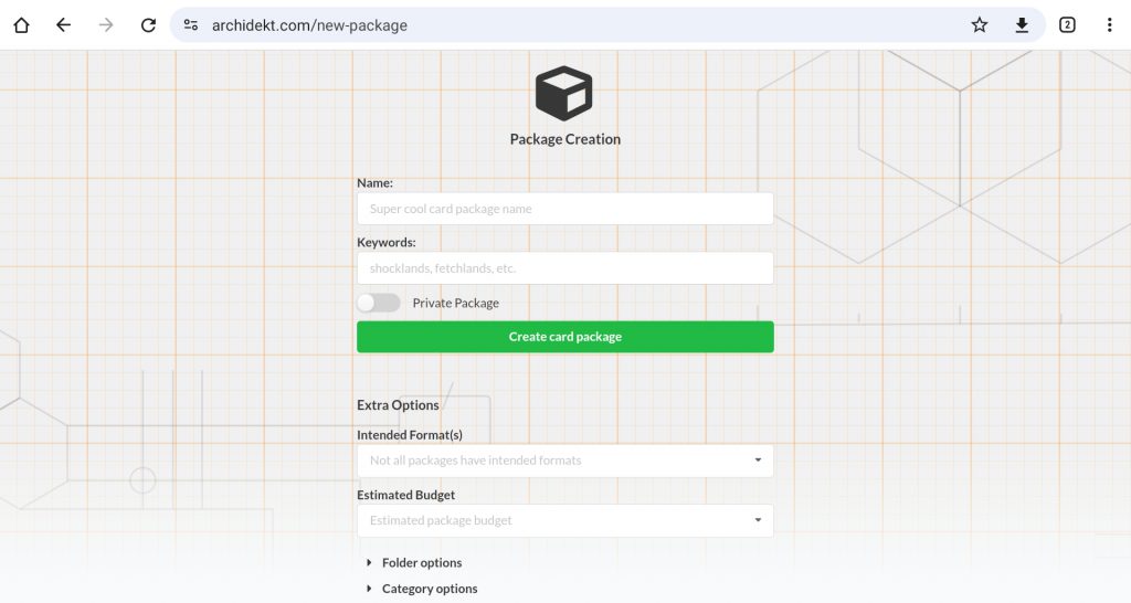 The Archidetk Package Creation screen. 