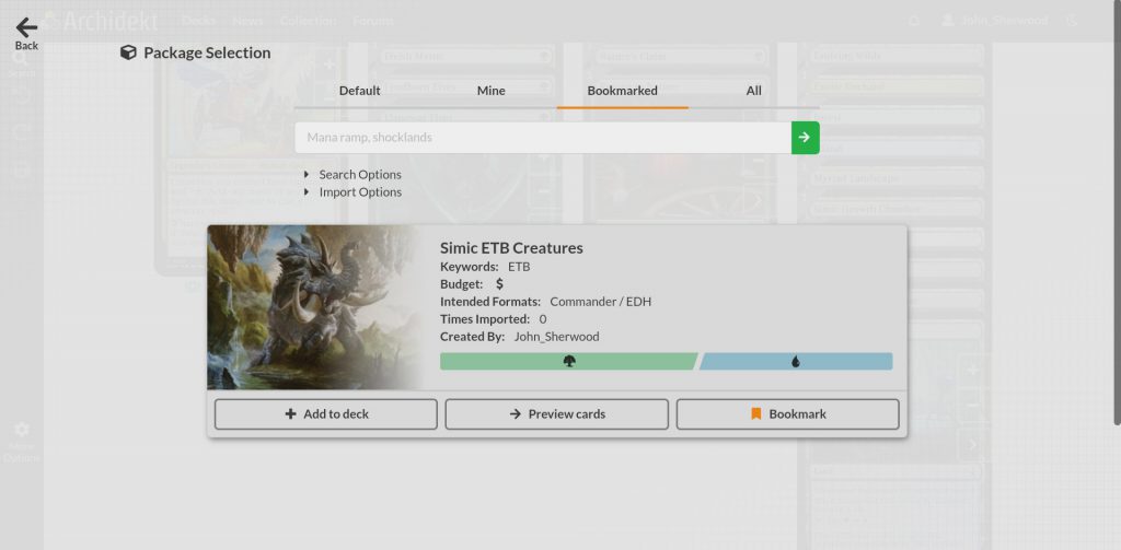 The Card Package screen from an Archidekt Deck Page, displaying a card package in the Bookmarked tab.