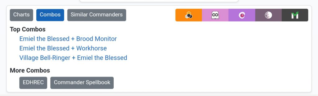 Screenshot from the page for Emiel the Blessed on EDHREC. The option box is expanded to the the top three combos in Emiel the Blessed decks.