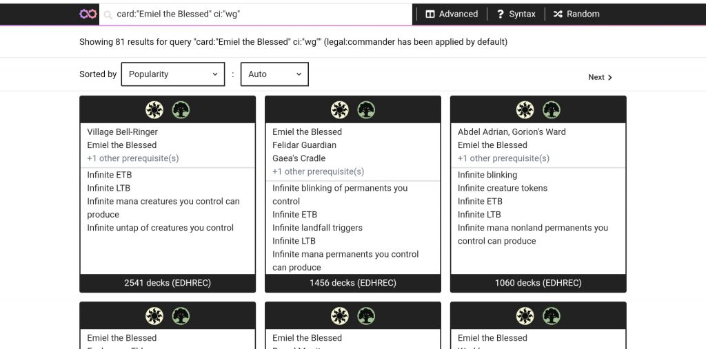 Search results on Commander Spellbook for Selesnya combos with Emiel the Blessed.