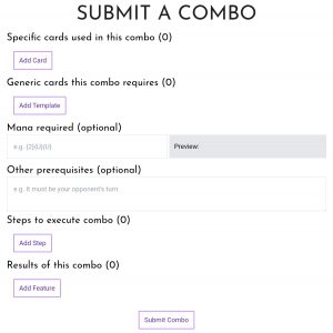 Screenshot of the combo submission form for Commander Spellbook.