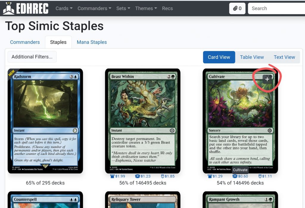 Screenshot of Top Simic Staples in Card View on EDHREC. The plus icon is circled on the card cultivate.