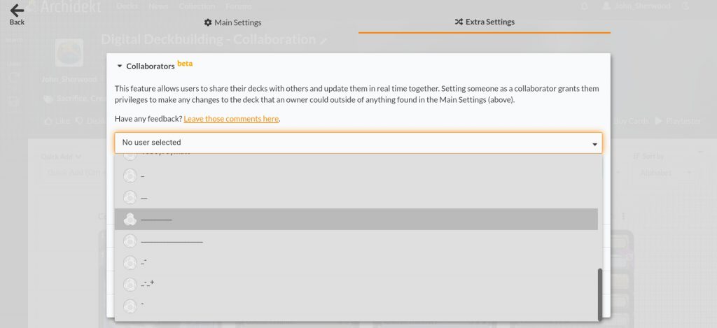 Screenshot of Colloborators in Deck Settings on Archidekt.