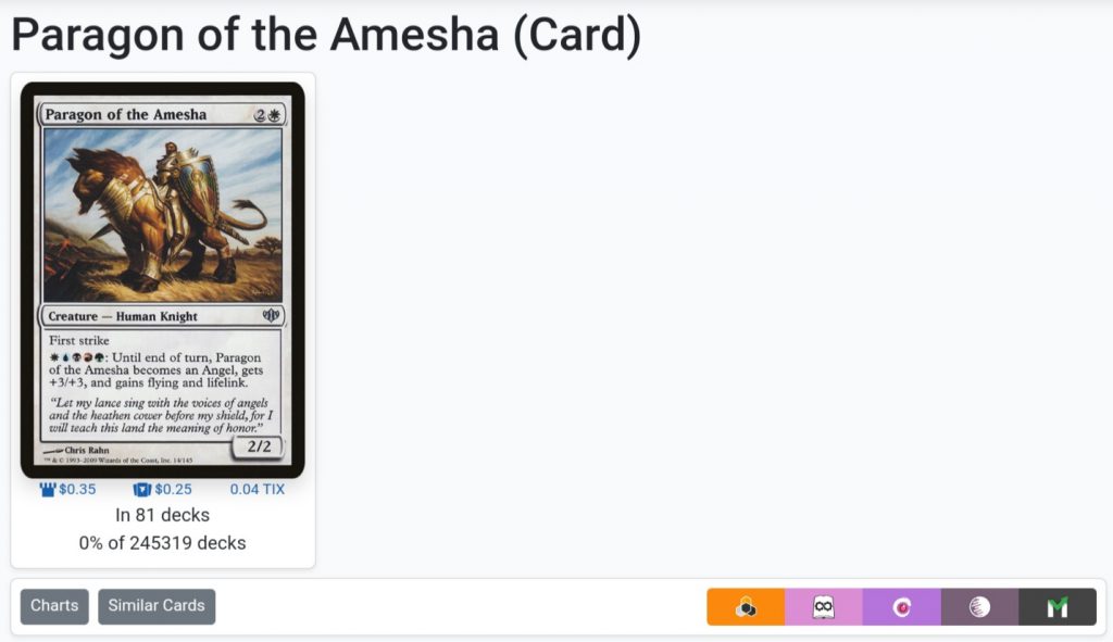 Screenshot of the EDHREC card page for Paragon of the Amesha.
