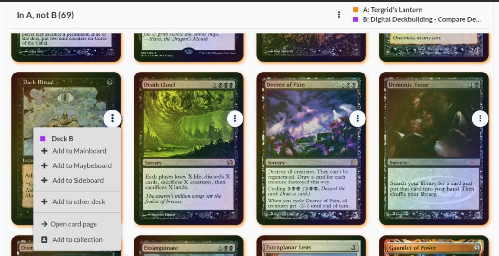 Screenshot of adding Dark Ritual to the Tergrid's Lantern deck.