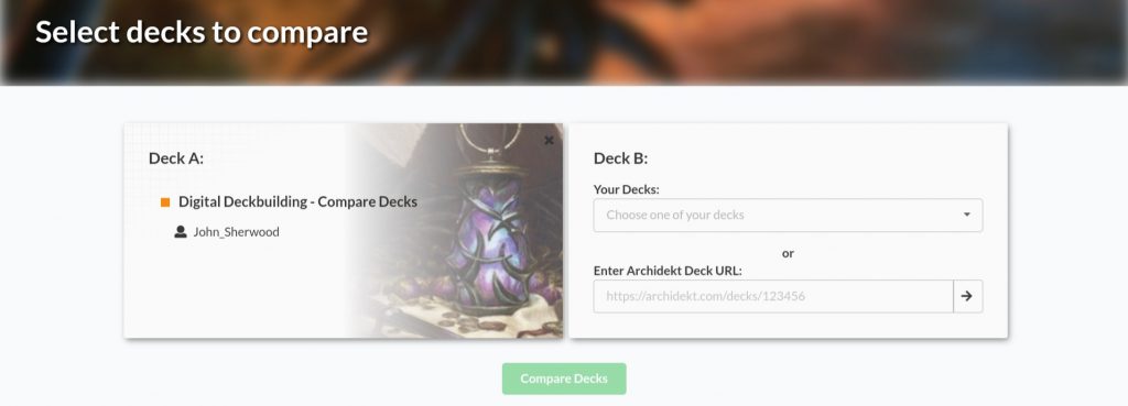 A screenshot of setting up a deck comparison on Archidekt.