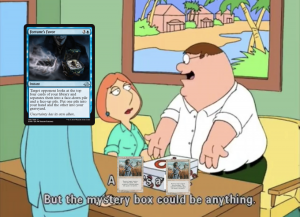 a Family Guy meme template showing a Fortune's Favor card and two Swords to Plowshares cards 