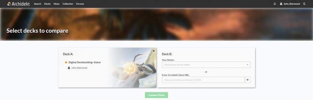 A screen shot of the Compare Decks screen on Archidekt.