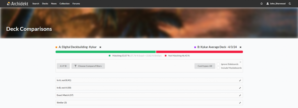 Deck comparison results for two Kykar decks.