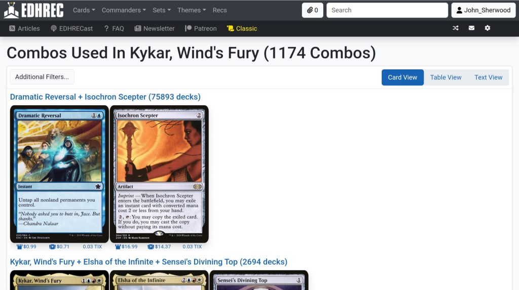 Screen shot of the the top combos in Kykar, Wind's Fury decks.