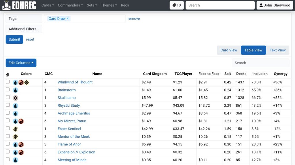 Screen shot of a table view after the "Tags" additional filter on EDHREC. 