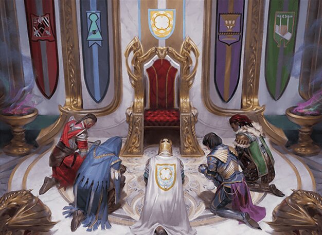 The art for card Throne of Eldraine by Kieran Yanner. Five Knights kneel before an empty throne, each enrobed in the five colors of Magic.