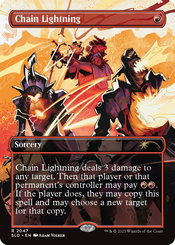 Chain Lightning, one of the cards from the Everything Is On Fire drop. Image credit: Wizards of the Coast