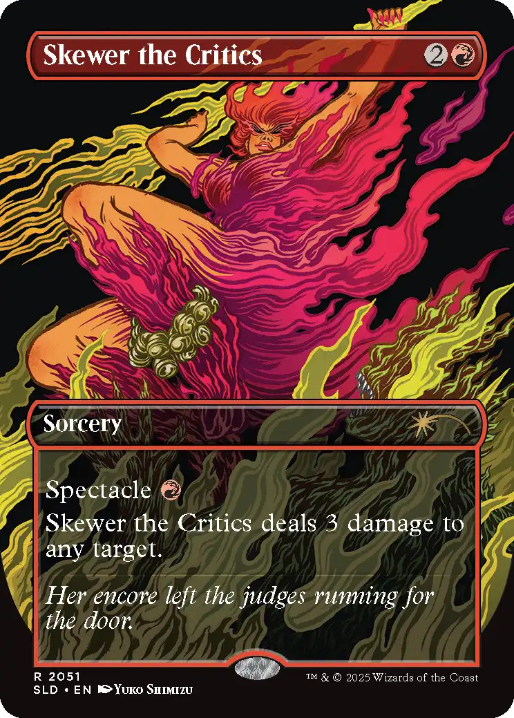 Skewer the Critics, one of the cards from the Everything Is On Fire drop. Image credit: Wizards of the Coast