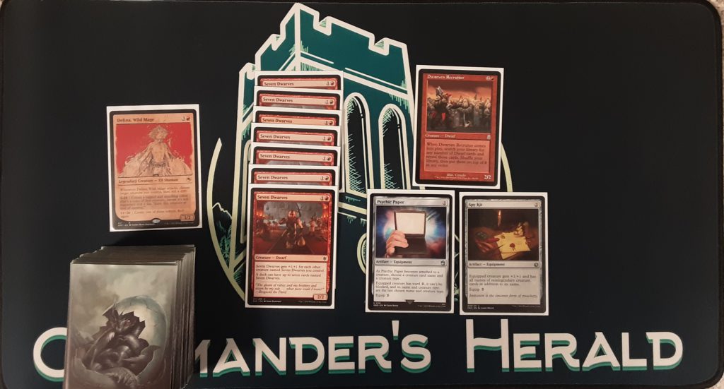 A sleeved deck with Delina, Wild Mage in the Command Zone, and a Seven Dwarves sideboard displayed face up.