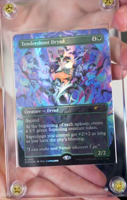 An image of Anna Margaret's reveal of Tendershoot Dryad from the "Everyone's Invited" Secret Lair Commander deck. Image credit: Wizards of the Coast and Anna Margaret