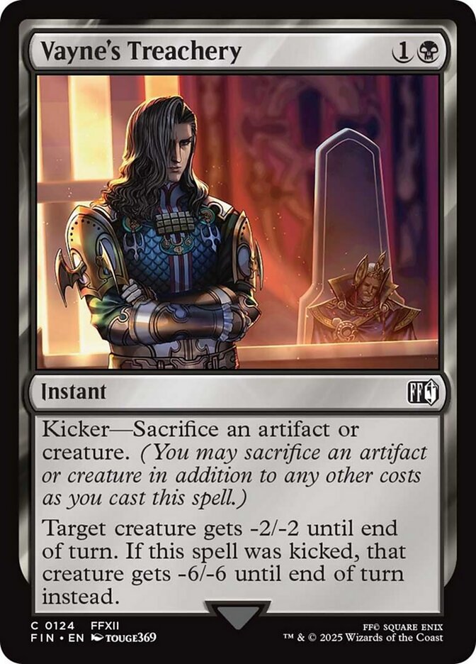 Vayne's Treachery, a new card from MTGFIN. Previewed late in the day on Wednesday, May 22nd. Image credit: Wizards of the Coast and Square Enix