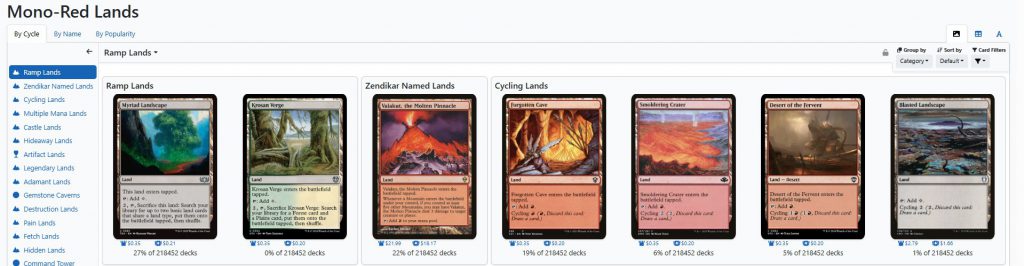 A screenshot of the mono Red lands page on EDHREC.