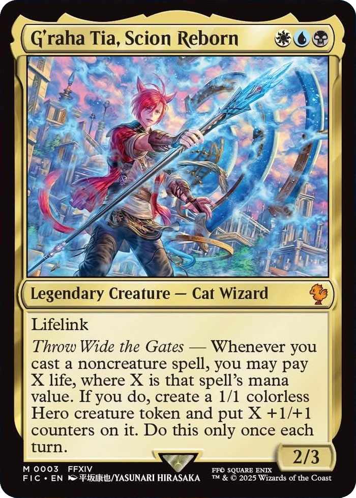 G'raha Tia, Scion Reborn, a new card from within the "Scions & Spellcraft" precon for Final Fantasy. Image credits: Wizards of the Coast and Square Enix