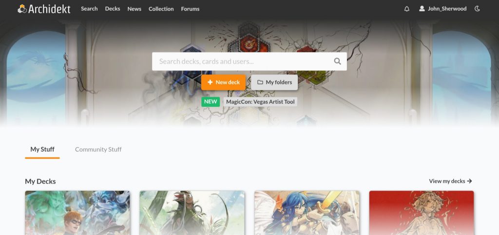 A screenshot of the Archidekt home page for logged-in users.