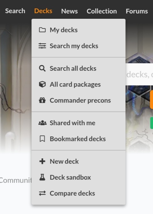 A screenshot of the Decks menu on Archidekt.