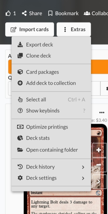 A screenshot of the Archidekt Extras menu.