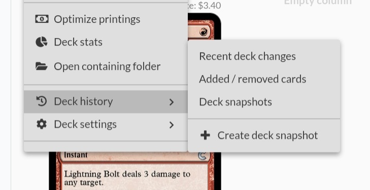 A screenshot of the deck history pop-out in the Extras menu.