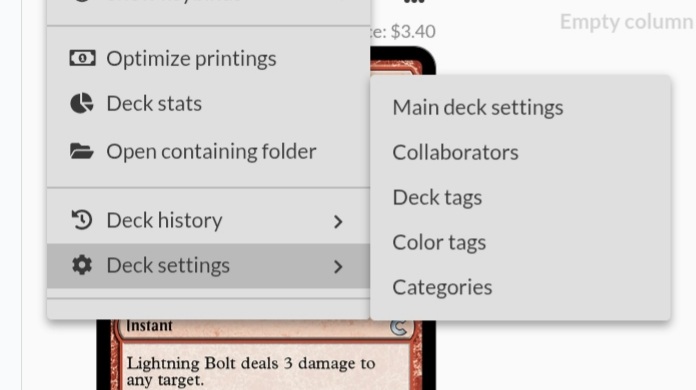 A screenshot of the expanded deck settings options under Extras.