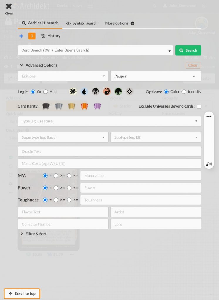 A screenshot of the Archidekt advanced card search.