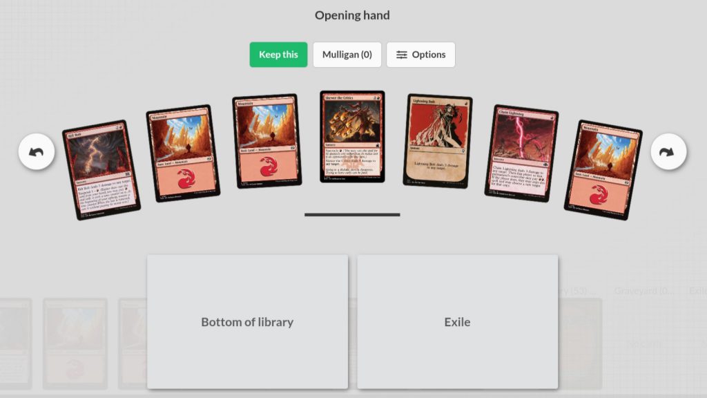 A screenshot of a starting hand on the Archidekt playtester.