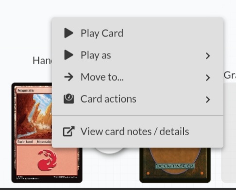 A screenshot of options for a card in hand.