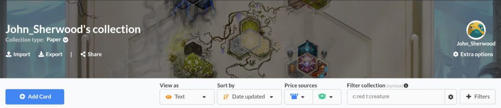 A screenshot of the collection page on Archidekt.