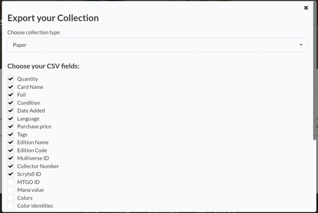 A screenshot of the collection export tool.