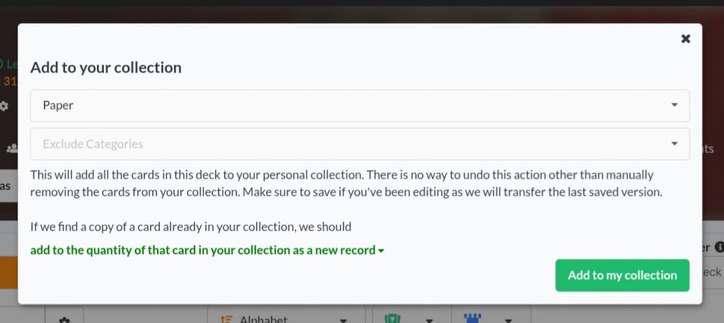 A screenshot of adding a deck to a collection.