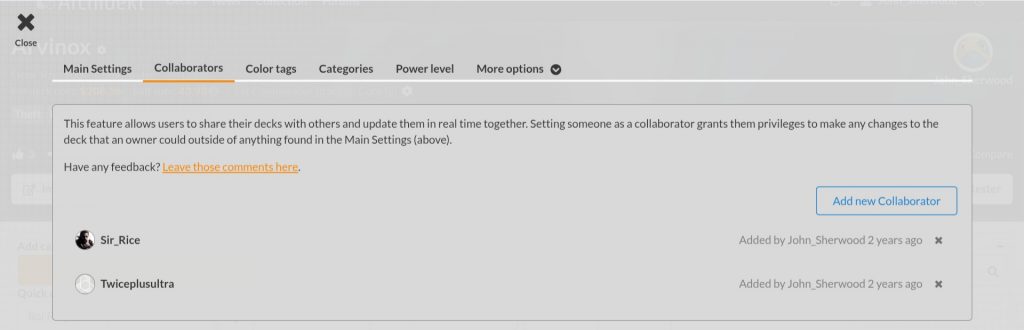 A screenshot of collaborators on Archidekt.