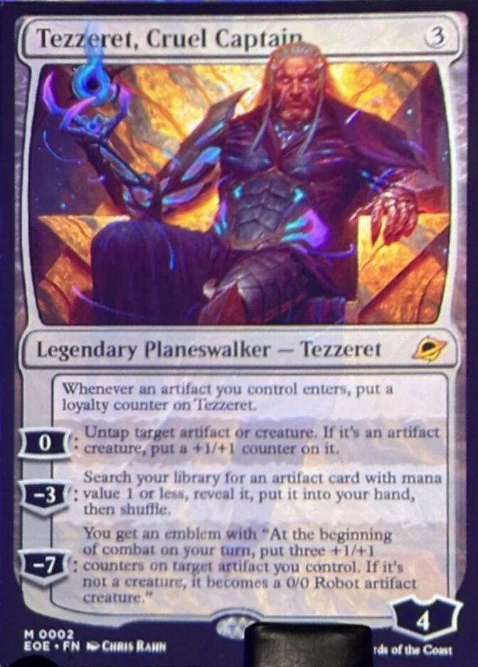 A photo of the render for Tezzeret, Cruel Captain, a new card from Edge of Eternities. Image credit: Wizards of the Coast