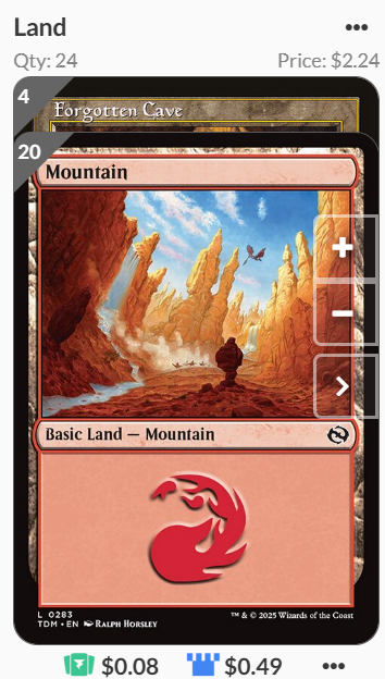 A screenshot of land cards in an deck on Archidekt.