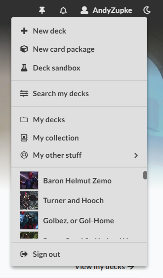 Archidekt user dropdown menu