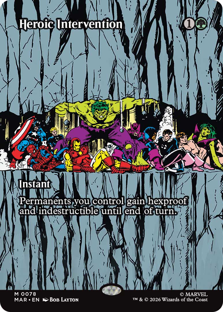 One of three versions of Heroic Intervention. Image credit: Wizards of the Coast and Marvel