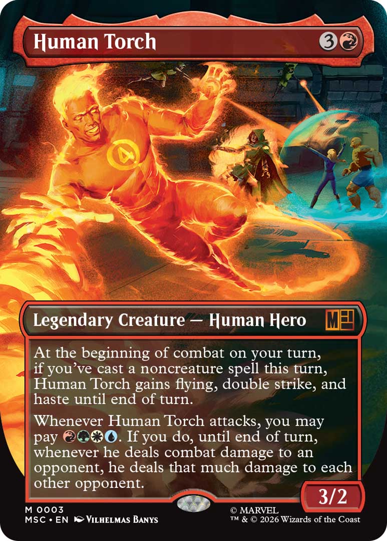 Human Torch, a card from the Marvel Super Heroes Commander decks. Image credit: Wizards of the Coast and Marvel
