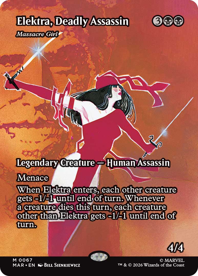 Massacre Girl, reflavored as the assassin Elektra. Image credit: Wizards of the Coast and Marvel