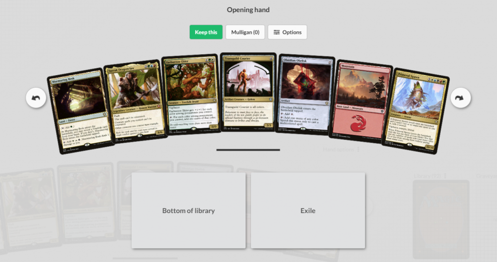 A screenshot of a prospective opening hand on the Archidekt Playtester.