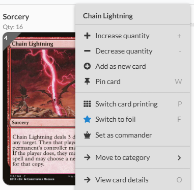 A screenshot of the card action menu on Archidekt.