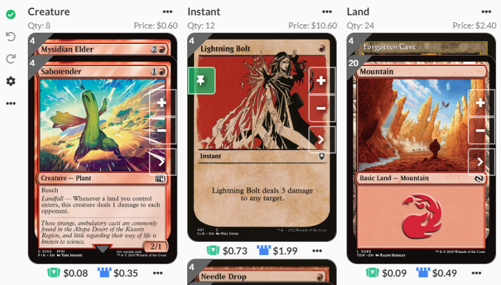 A screenshot of an Archidekt deck page, with a green pin over the card Lightning Bolt.