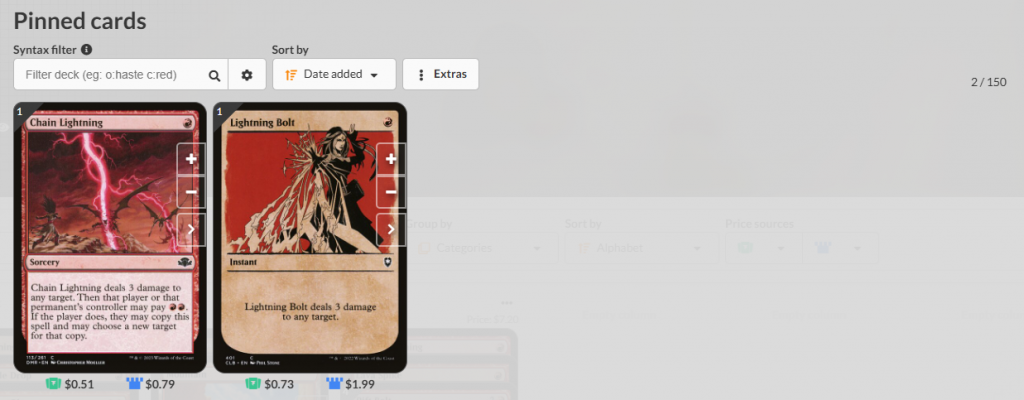 A screenshot of the Pinned cards screen on Archidekt.
